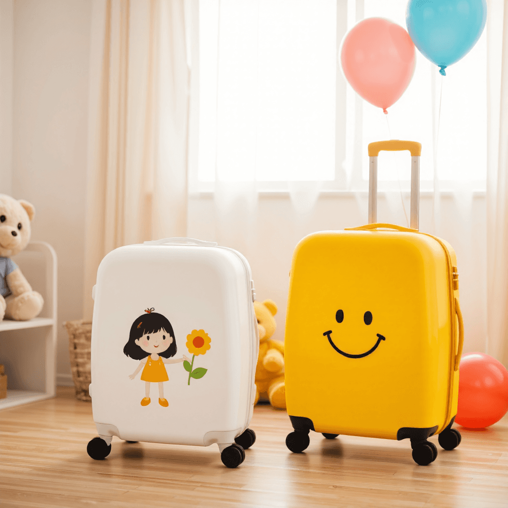 product photography of a set of children's suitcases with playful designs