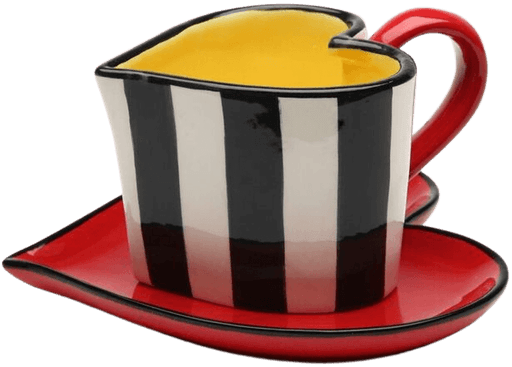 Striped coffee cup and red candy on the GUFR shelf — playful decor representing energy and a taste for bold conversations.