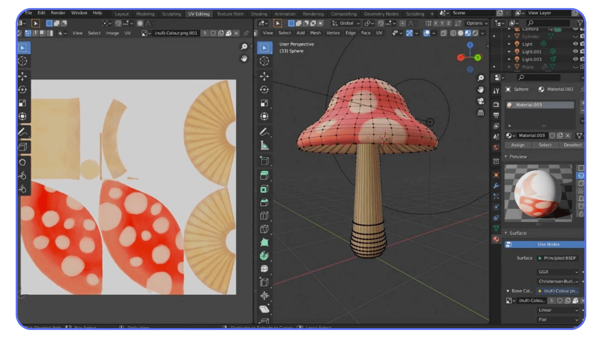 Applying hand-painted textures to a UV-mapped mushroom model in Blender, showing texture preview and UV islands.