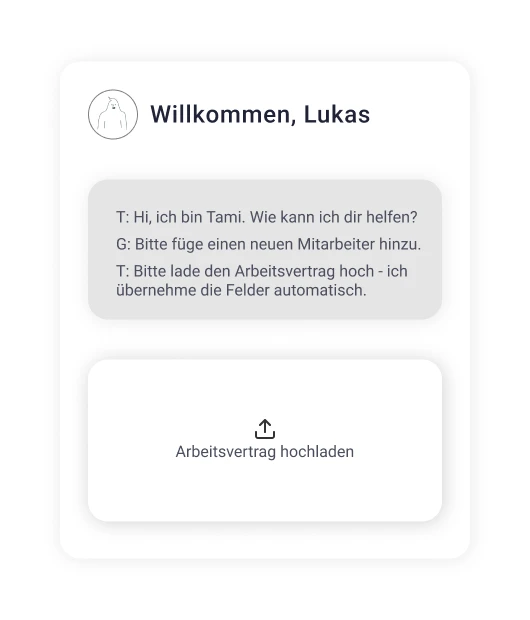 KI-Assistent "Tami" begleitet den Onboarding-Prozess: Chatbot-Dialog zum Anlegen eines neuen Mitarbeiters mit automatischer Felderkennung beim Hochladen des Arbeitsvertrags