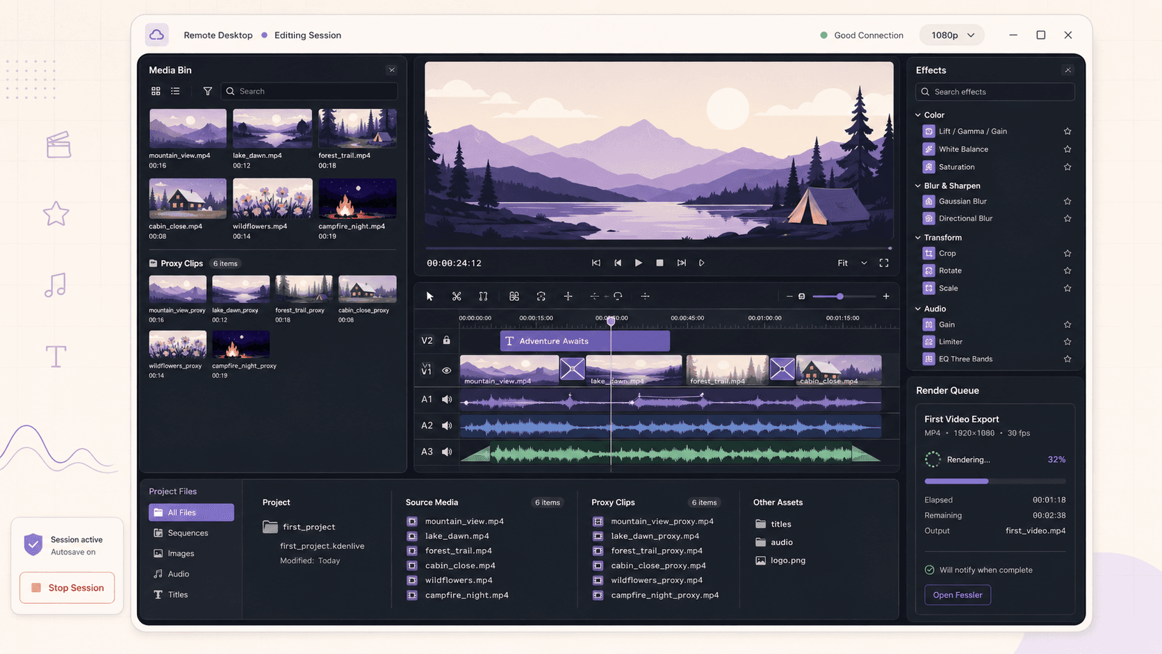Remote Kdenlive session showing media bins, proxy files, effects, multitrack editing, autosaved project files, and video rendering progress.