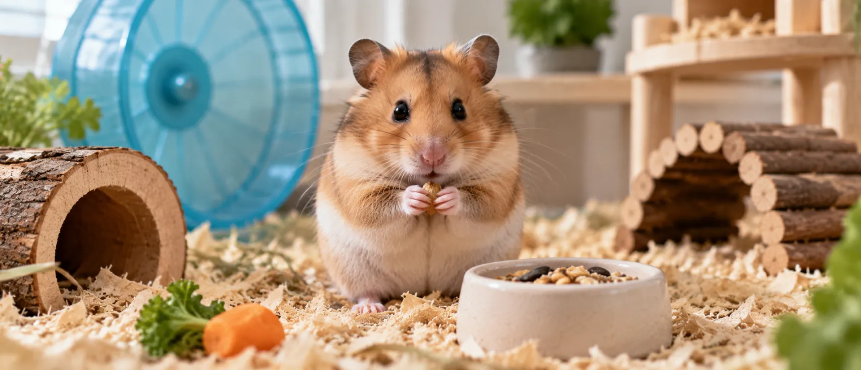A hamster eating beside a food bowl, wheel, and wooden tunnels.
