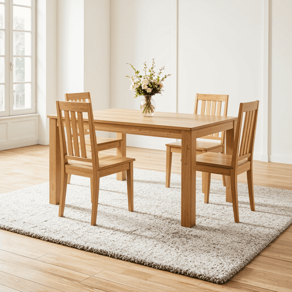product photography of a wooden dining table set with six chairs