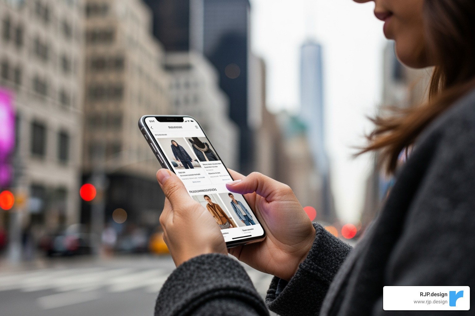 User interacting with a personalized e-commerce site on a phone in a NYC setting - ecommerce web design new york