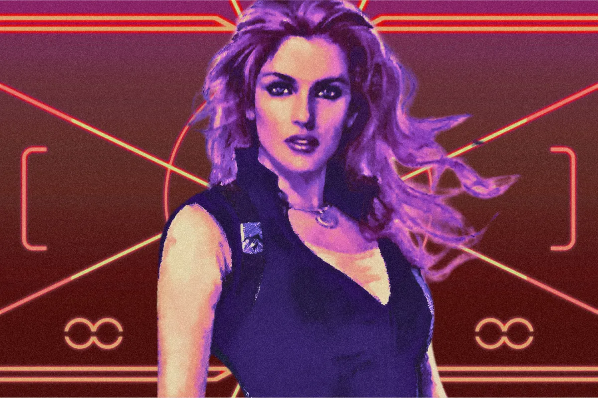 Mara Jade Skywalker in a black top with a purple tint over a red geometric background