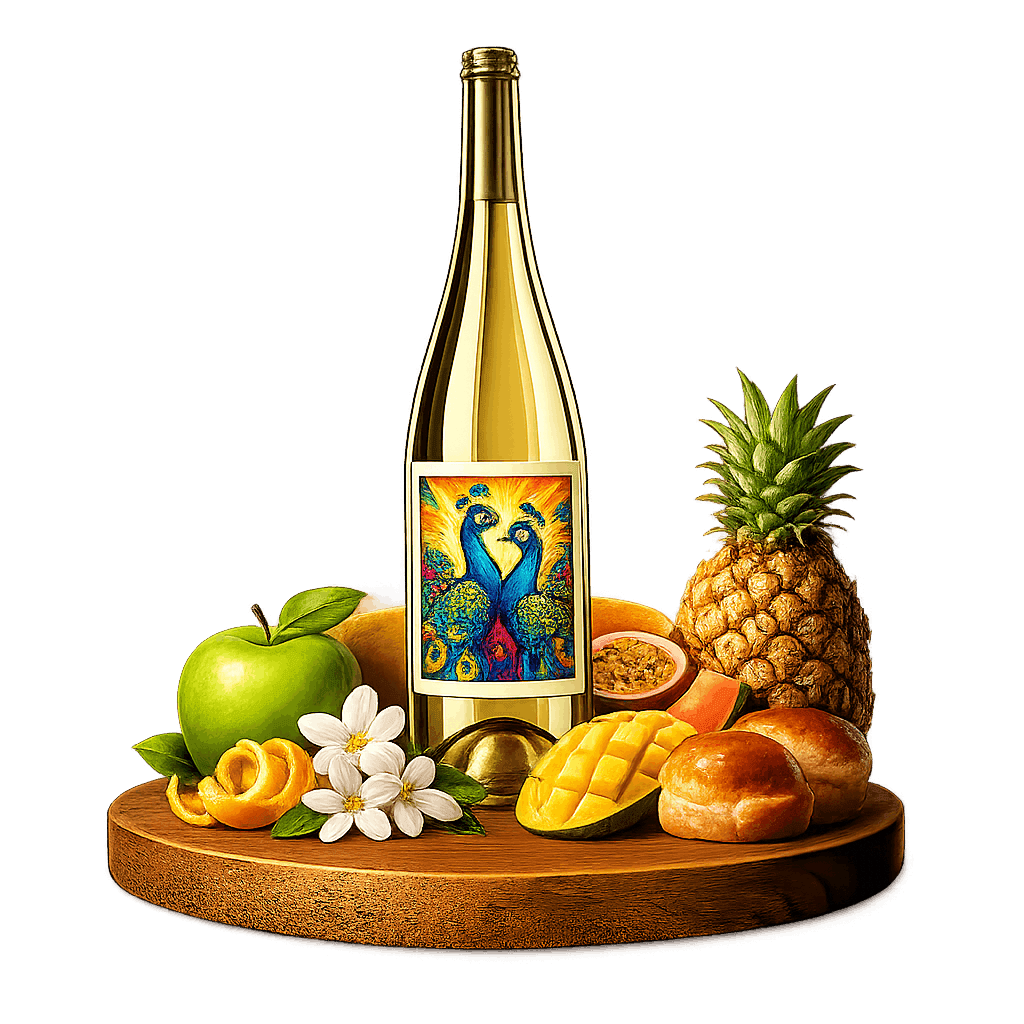 Artistic label and flavor profile for Indian Sparkling Wine on a rustic wooden table.