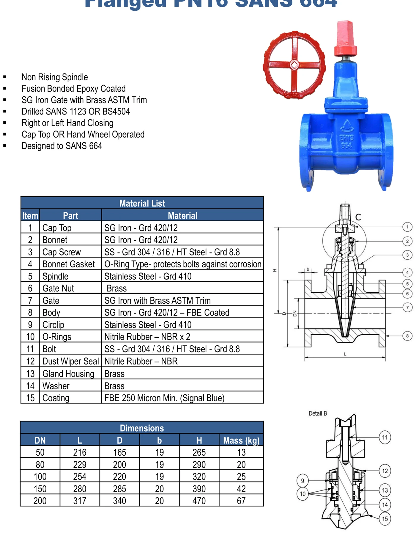 Metal-seated wedge gate valve — cross-section, material list and dimension table (DN50–DN200)