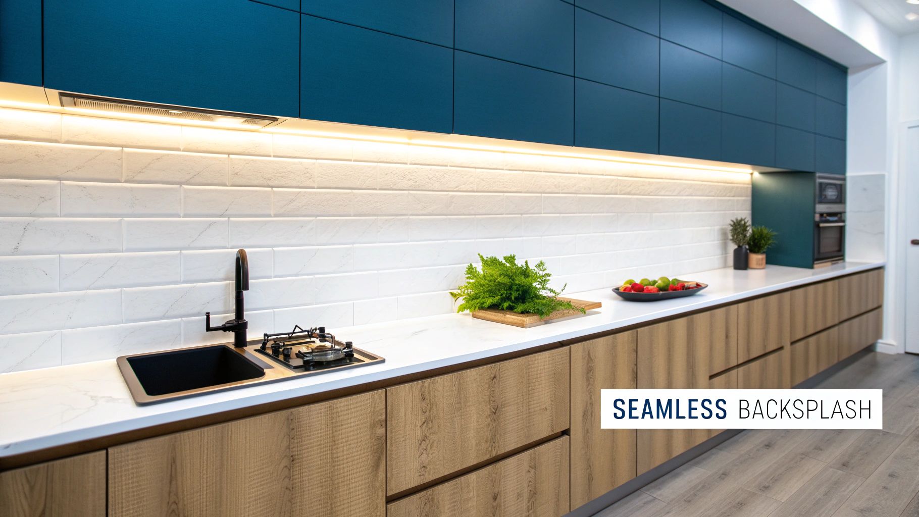 A modern kitchen with teal upper cabinets, white subway tile backsplash, and light wood lower cabinetry.