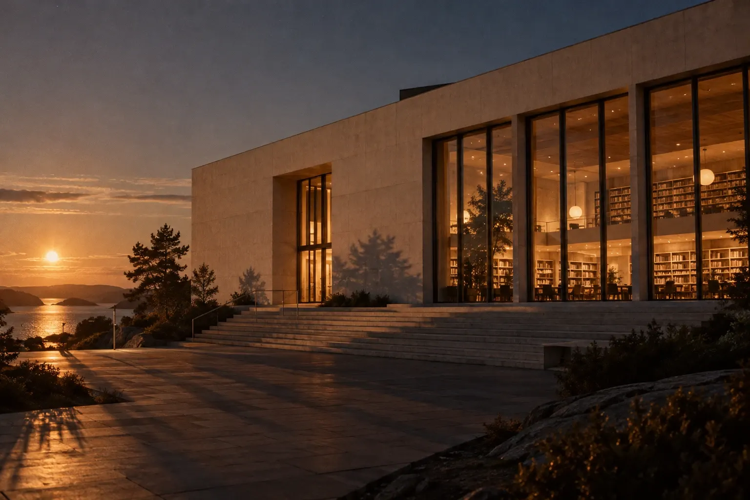 A pale stone library facade at 23:30 with low sun and a lit reading room.