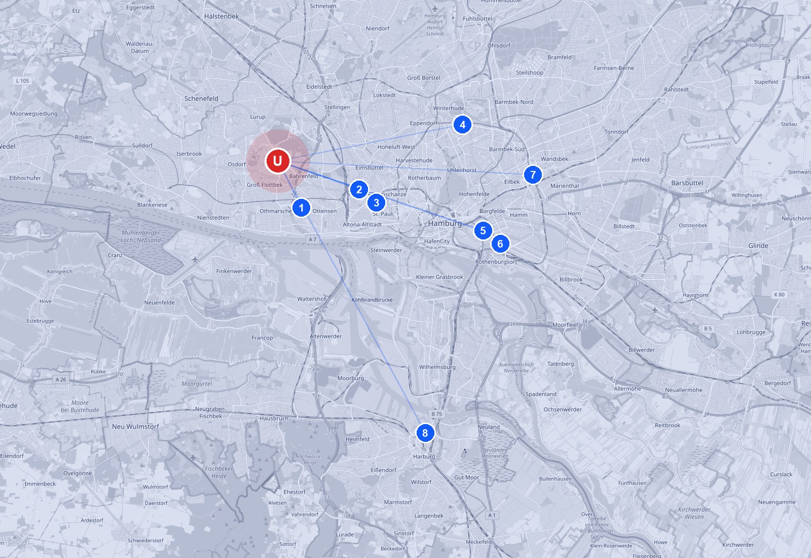 Map of Hamburg showing the UMCH campus in Bahrenfeld and the eight student residences, numbered