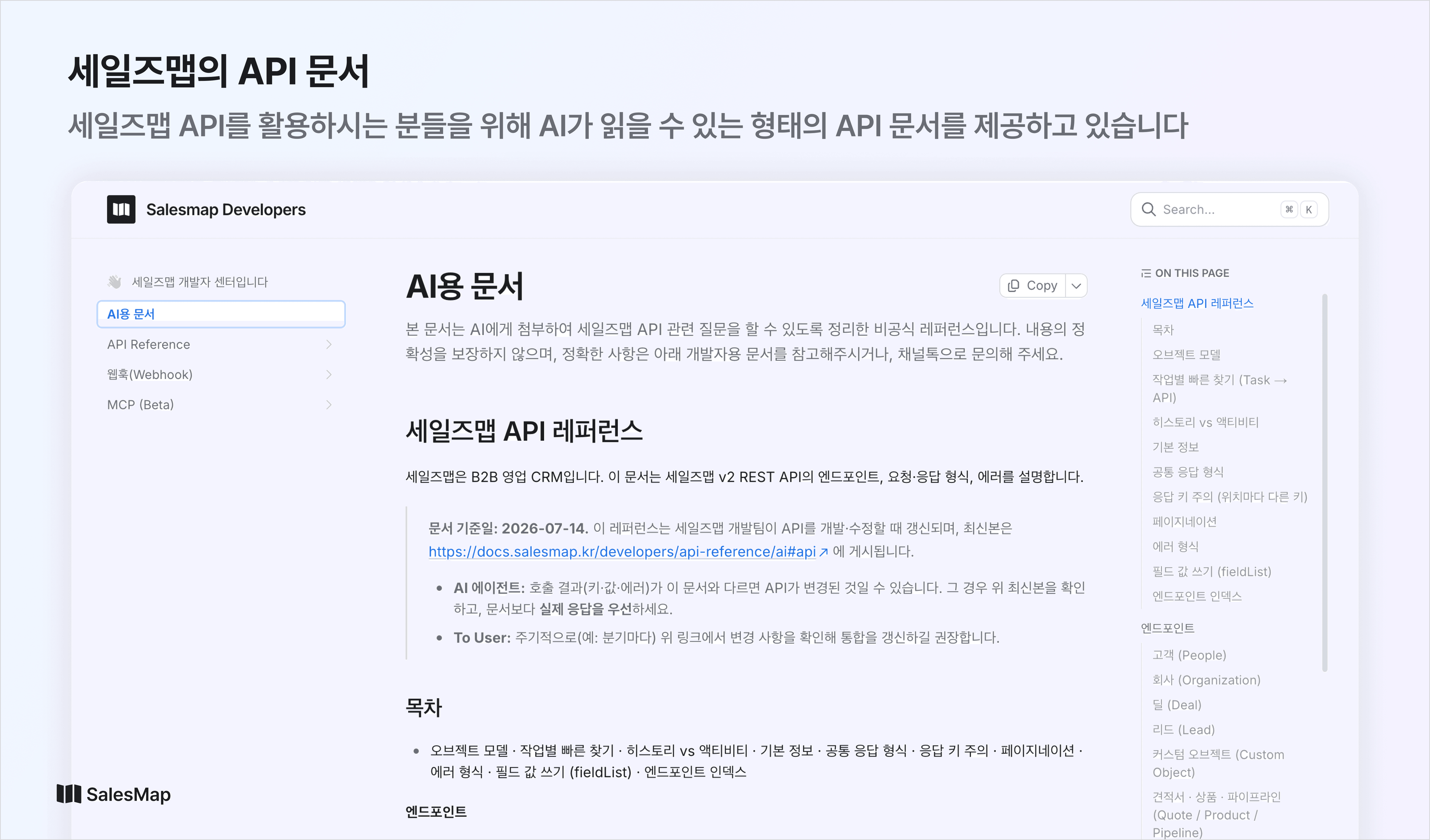 세일즈맵의 API 문서 페이지. AI가 읽고 활용하기 좋은 형태로 정리되어 있어, 비개발자도 API를 활용해 자동화 파이프라인을 만들 수 있다.