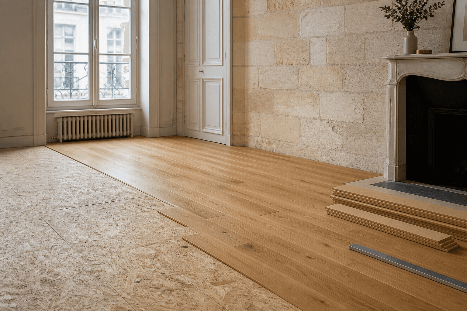 Parquet en chêne en cours de pose sur un plancher OSB dans un appartement bordelais
