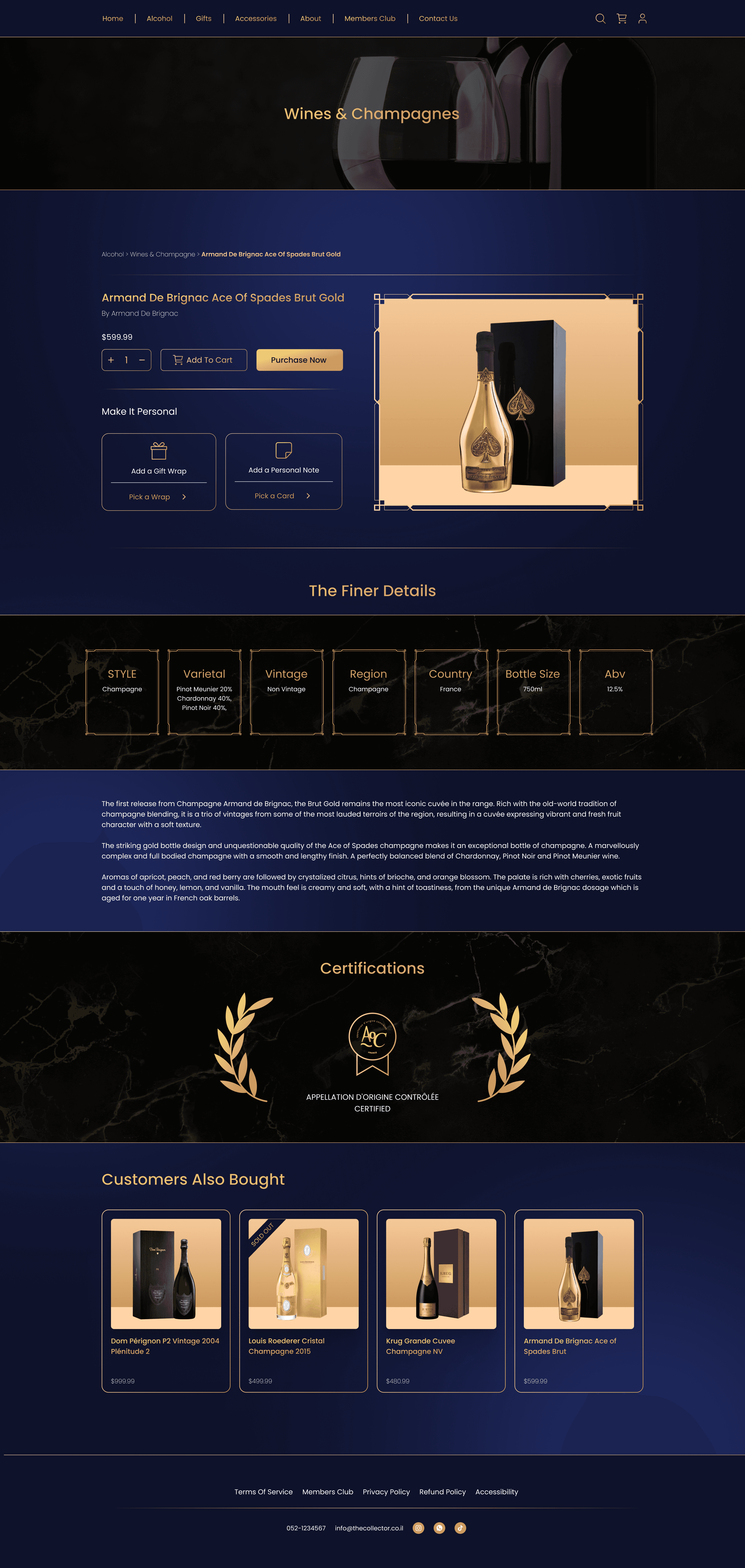 Luxury champagne product page featuring Armand De Brignac Ace Of Spades Brut Gold with premium ecommerce design.