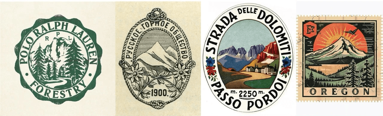 Collage of vintage outdoor and travel badges featuring mountains, forests, and landscape motifs.
