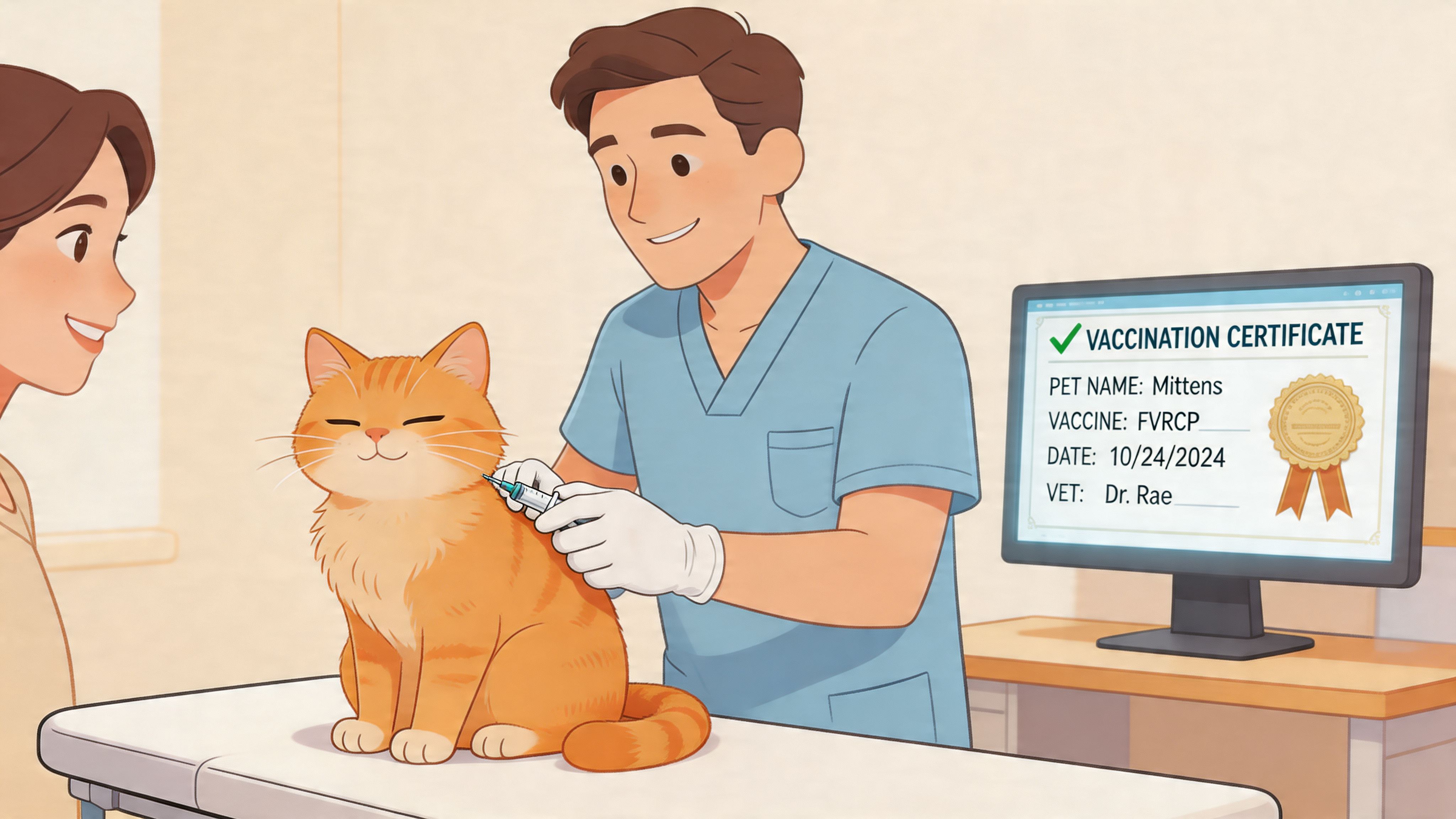 A veterinarian giving a vaccine to an orange cat while a owner looks on happily.