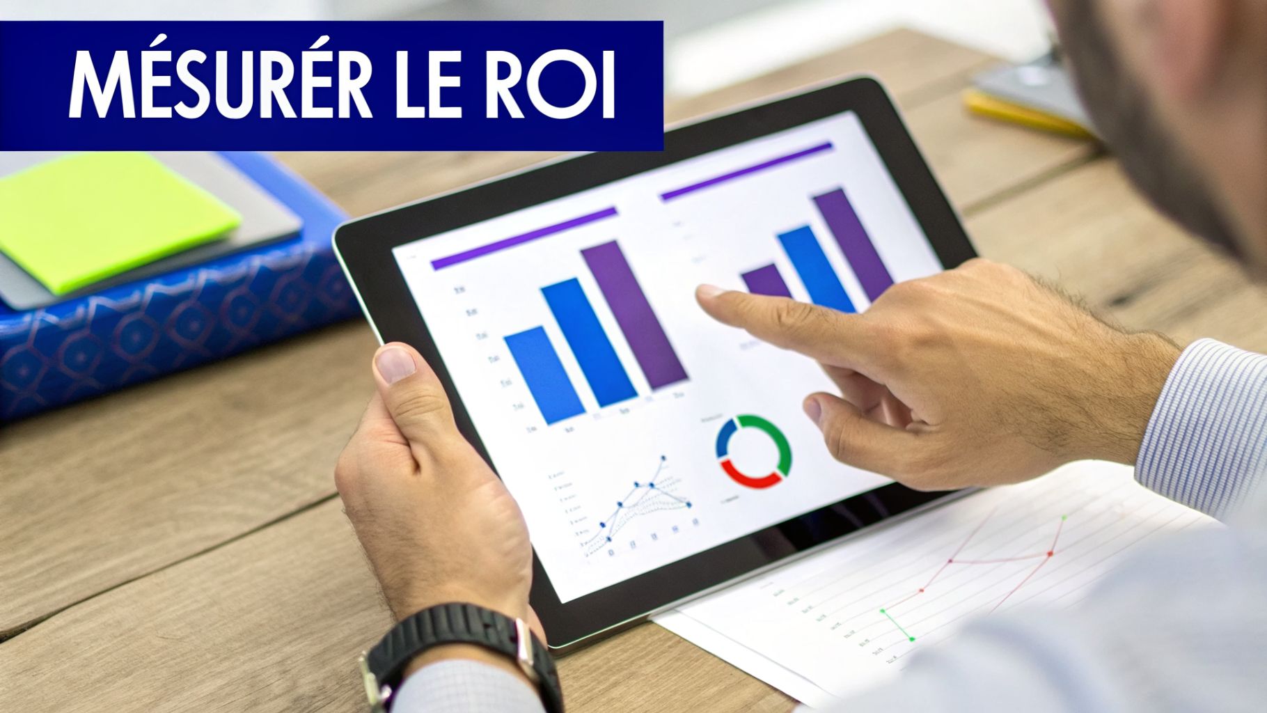 Gros plan sur une personne mesurant le ROI, consultant des graphiques financiers sur une tablette numérique.