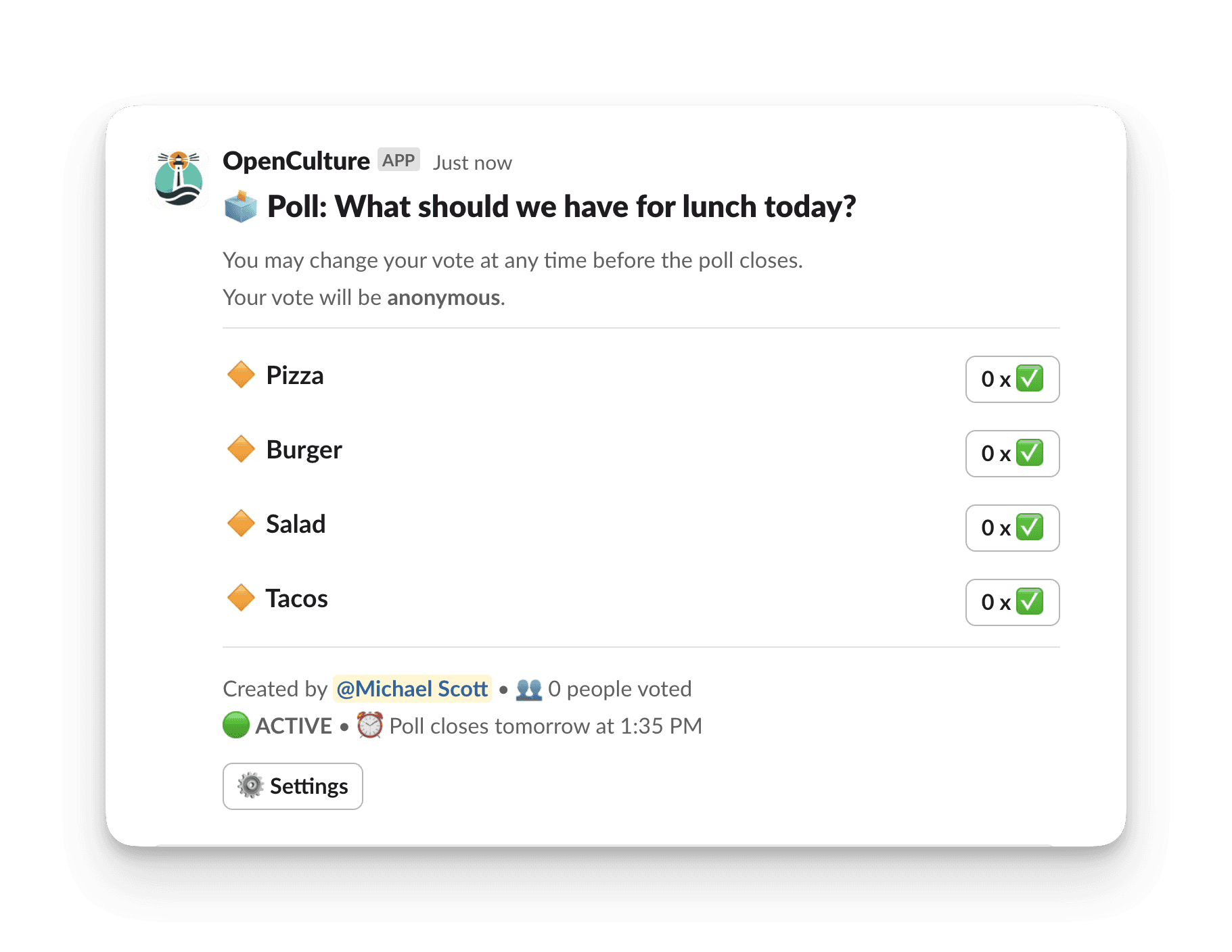 Slack message of a Poll displaying lunch options; votes currently at zero