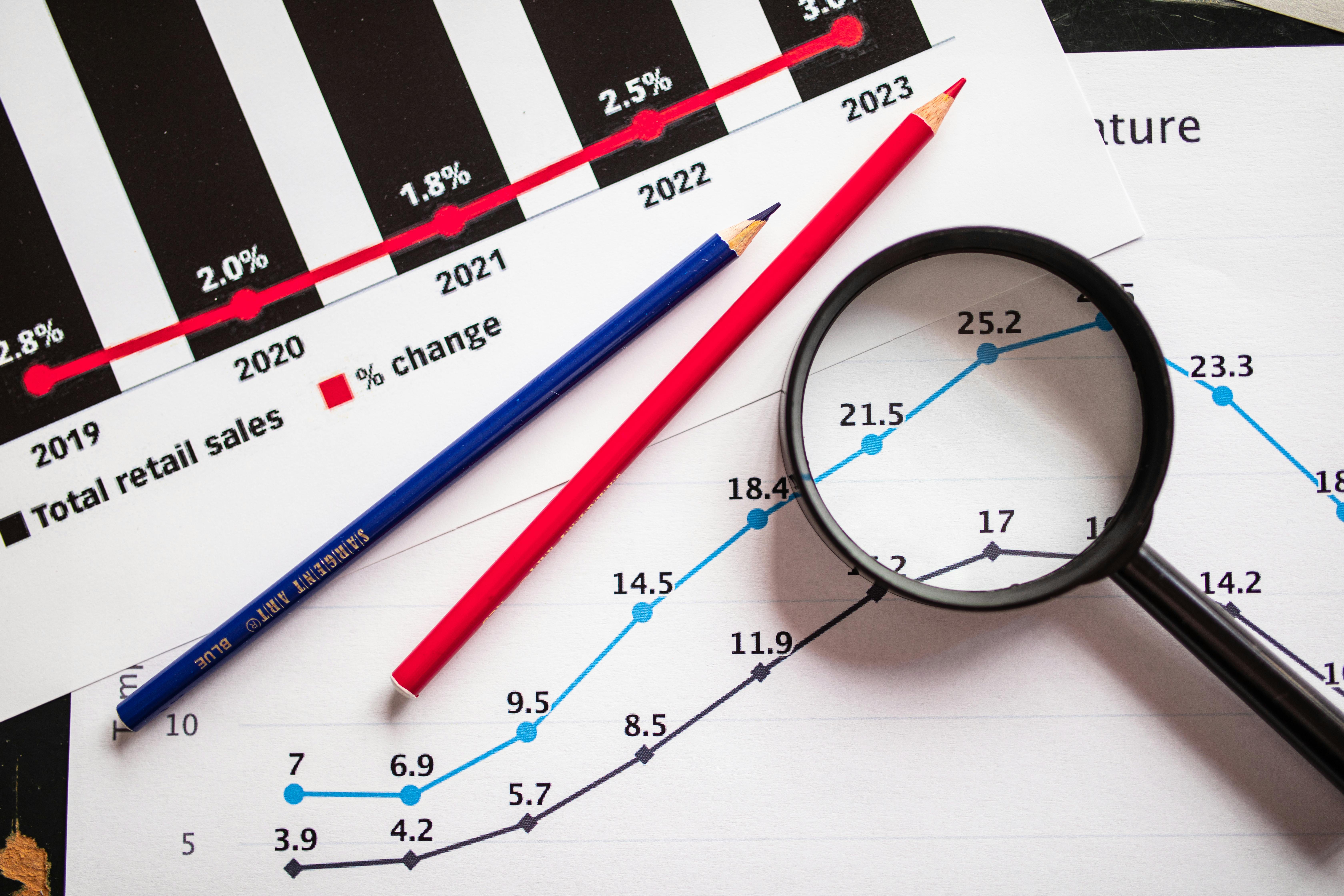 magnifying-glass-and-colored-pencils-on-financial-trend-graphs-highlighting-sale - rdne-stock-project (pexels)