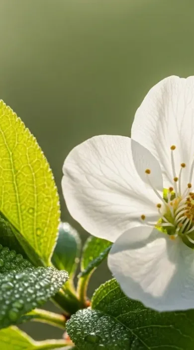 Zielony liść i kwiat z kroplami wody symbolizujący równowagę i regenerację w masażu Hadado w Belleza Beauty Rzeszów