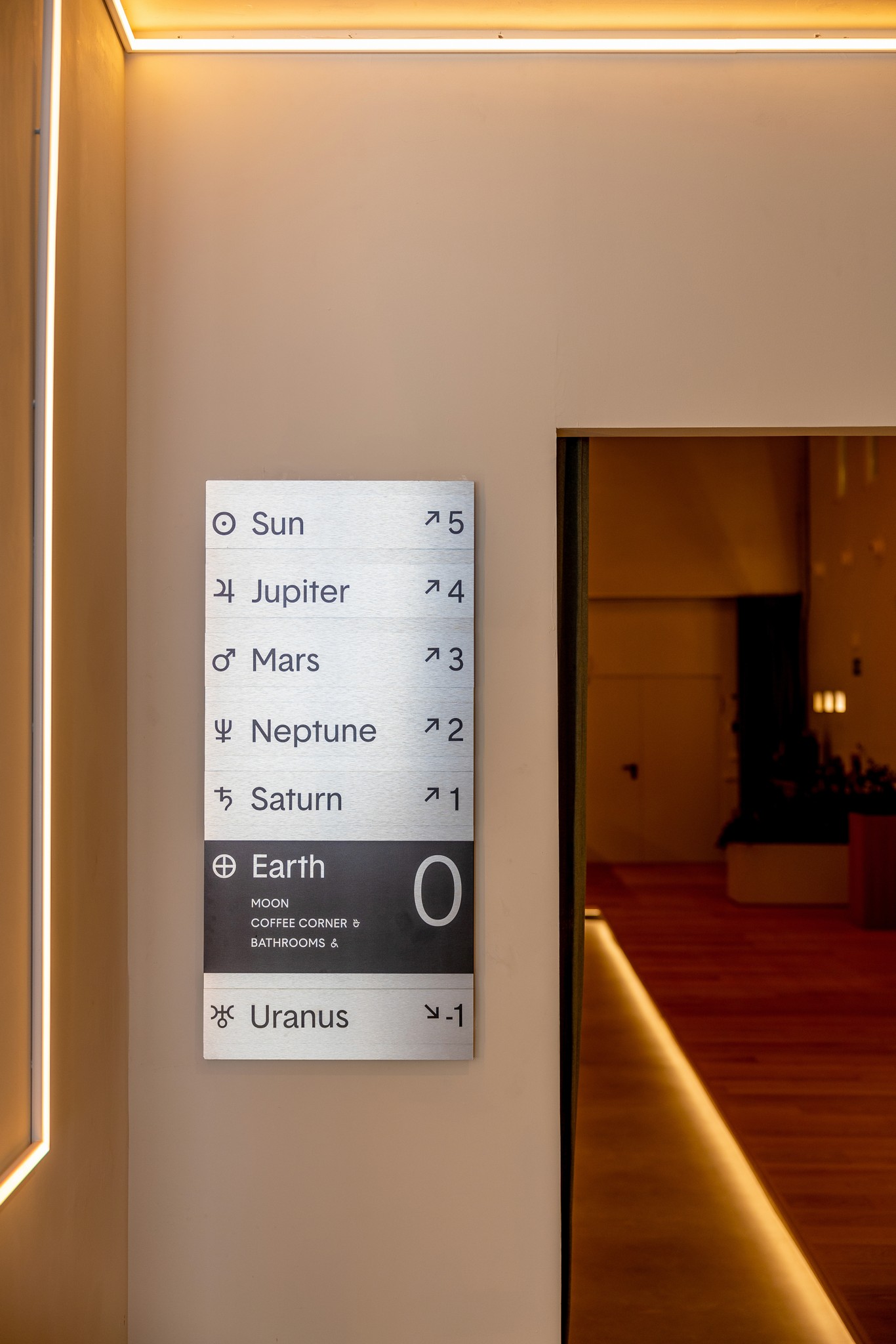 Astrophat Studio Madrid office signage — minimalist wayfinding system featuring planetary-inspired floor design, expressing precision, concept-driven design, and architectural branding.