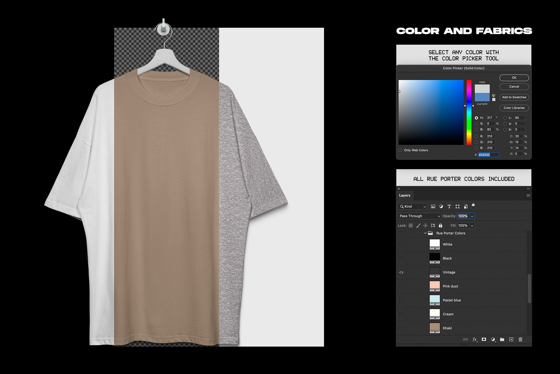Rue Porter T-Shirt hanging mockup fabric color options with Photoshop controls