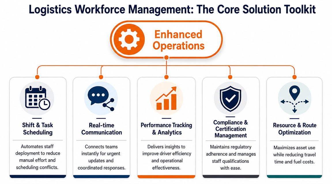 A diagram illustrating logistics workforce management tools including scheduling, communication, analytics, compliance, and route optimization.