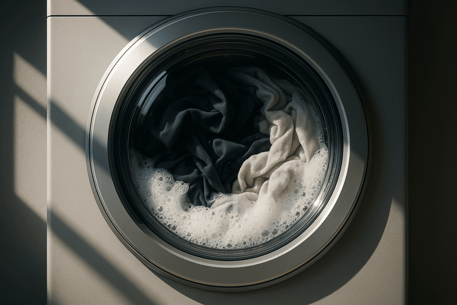 Close-up of washing machine with clothes in it covered in foam