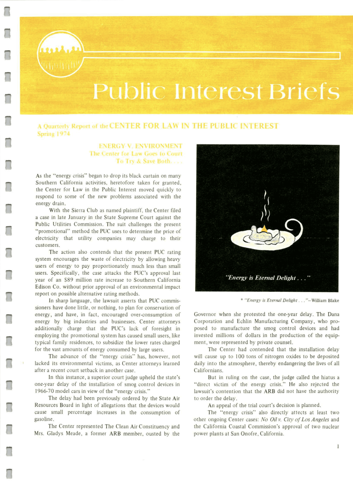 Cover of Center for Law In The Public Interest's Quarterly Report, Spring 1974 Edition Public Interest Briefs
