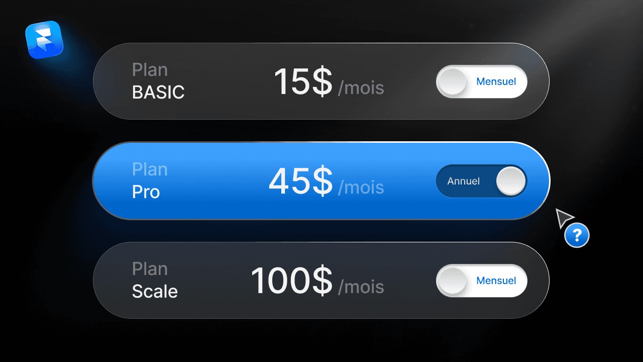 Sélecteur des plans Framer Basic, Pro et Scale avec prix mensuels et option de facturation