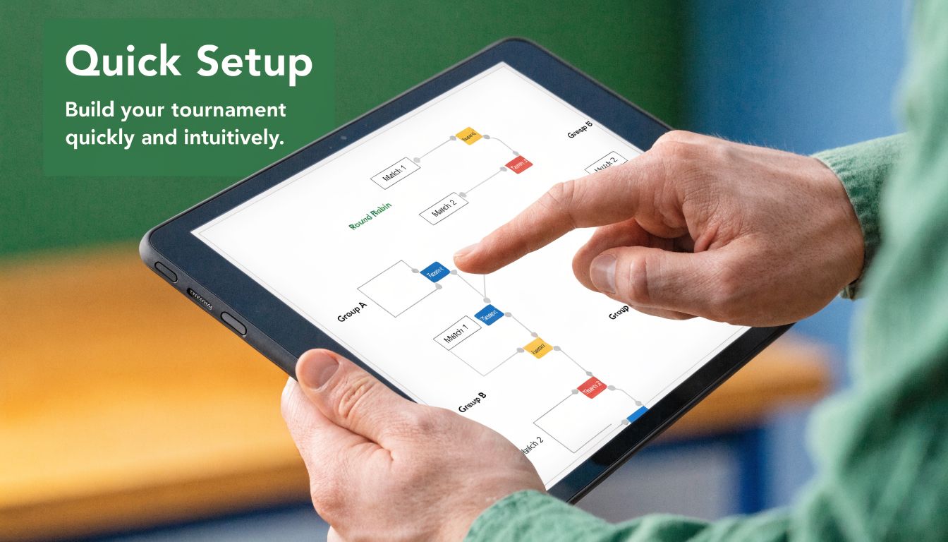 A person using a tablet to build an intuitive tournament bracket with a round robin setup.