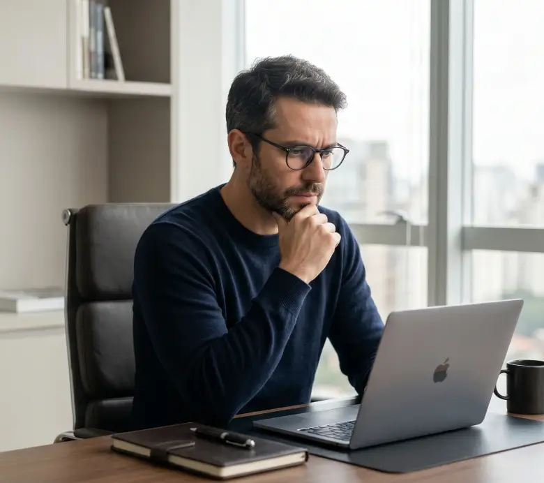 Empresarioa analsiando dados de vendas no laptop
