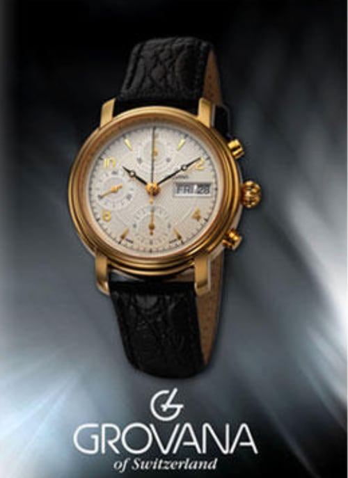 Grovana macro photography by Abarel.ch | Grovana of Switzerland chronograph print ad.Grovana of Switzerland chronograph print ad. Gold case, silver guilloche dial, day-date display, black leather strap