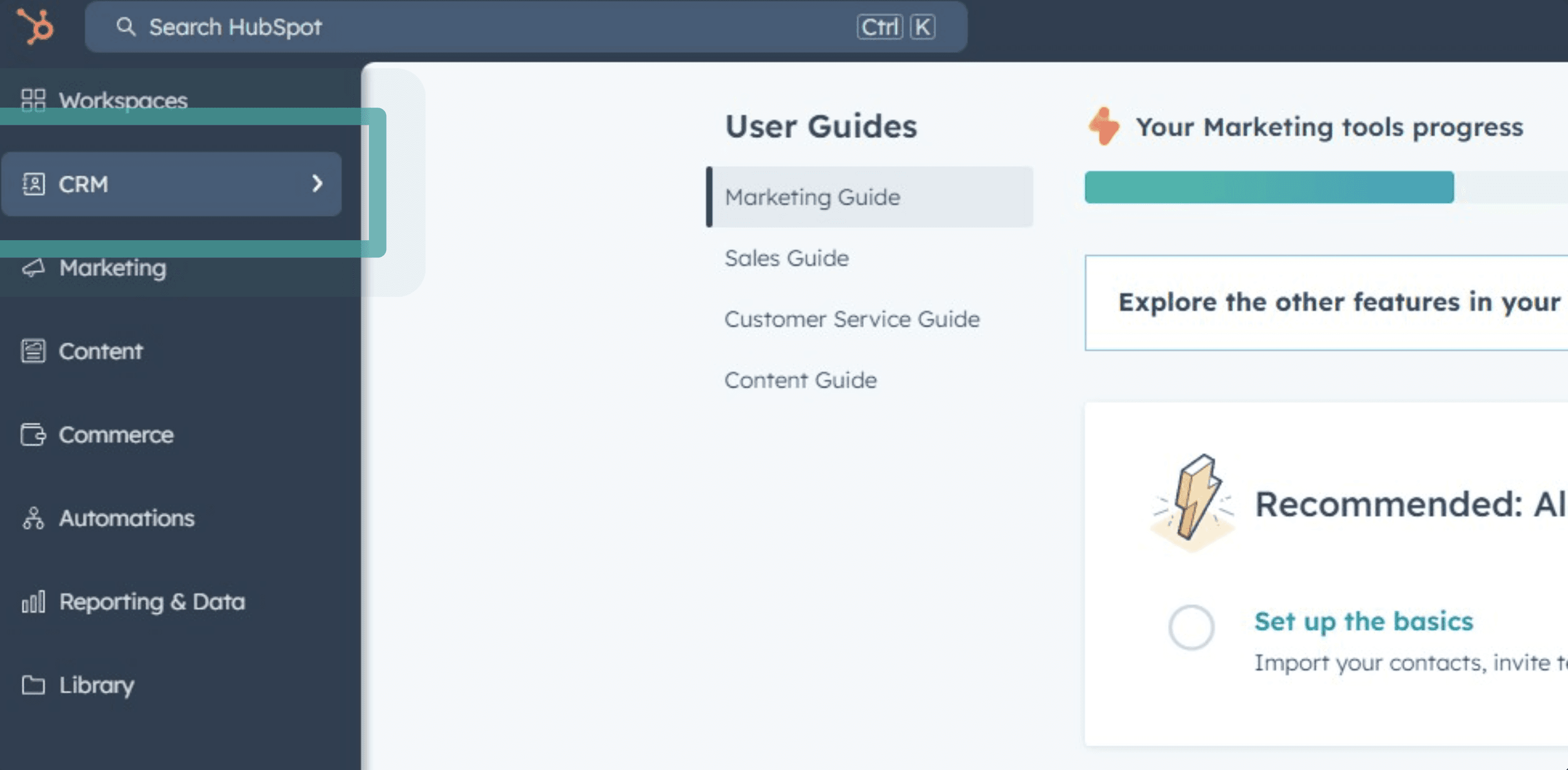 Screenshot of a HubSpot interface highlighting the CRM workspace, with user guides for marketing, sales, and customer service, alongside a recommended AI feature for importing contacts.