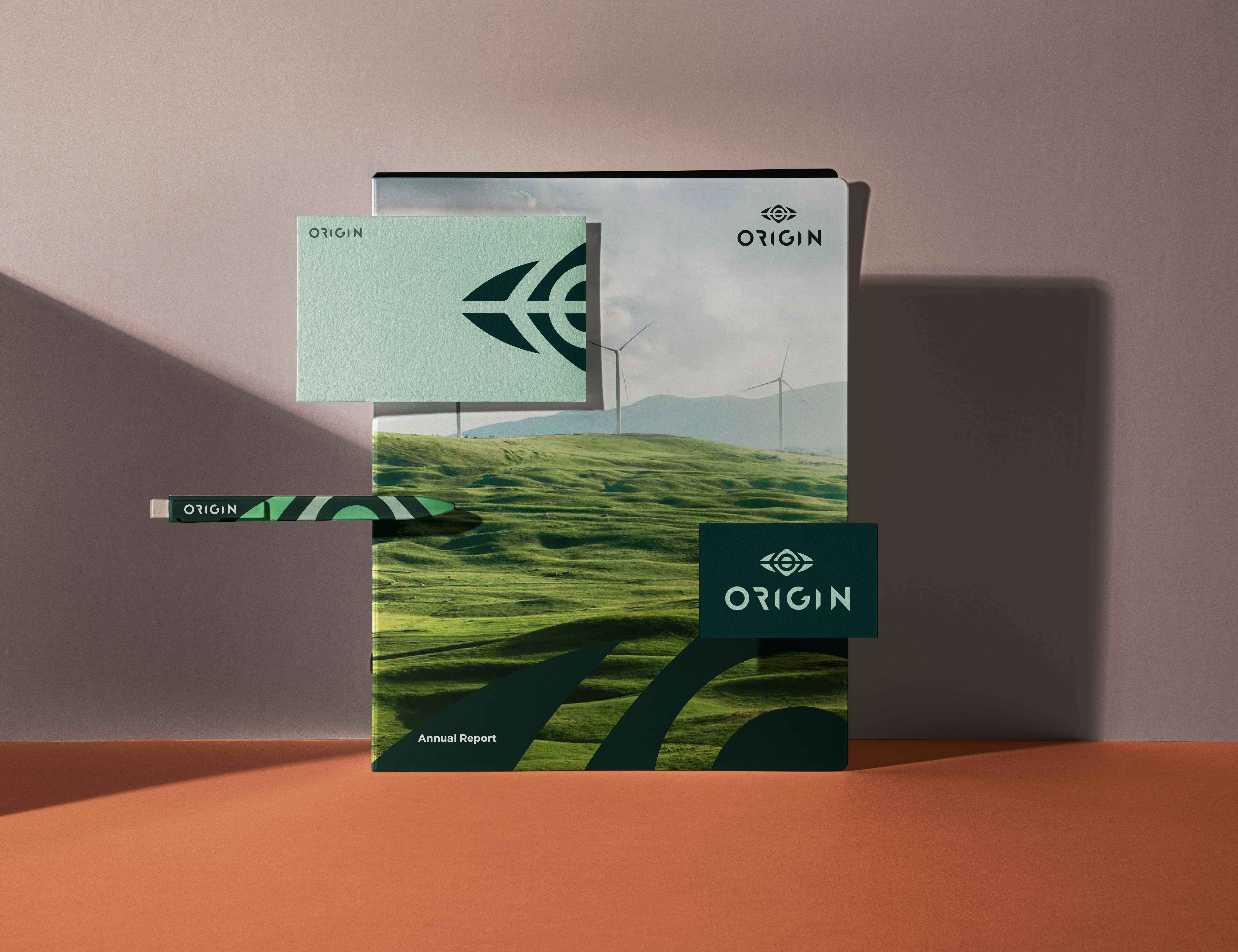 Green field horizon logo – Identity placement for Irish countryside-based energy firm.