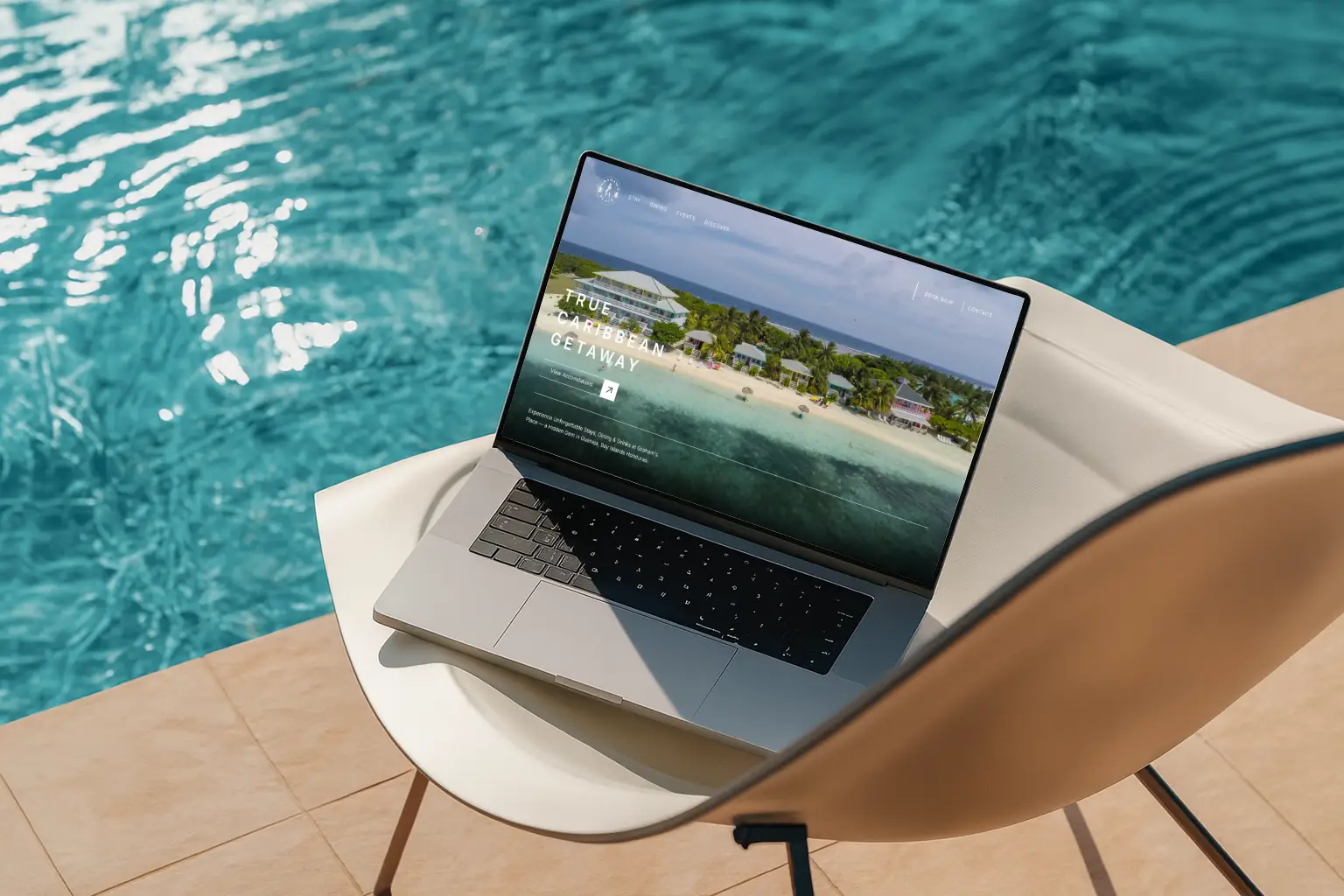 Device Mockup sitting on chair with water in the background