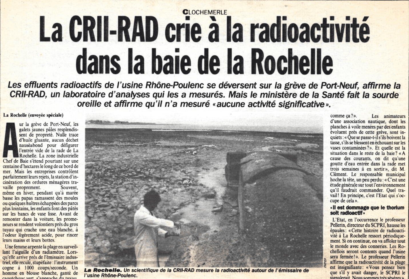 Newspaper page headlined: La CRII-RAD crie à la radioactivité dans la baie de la Rochelle