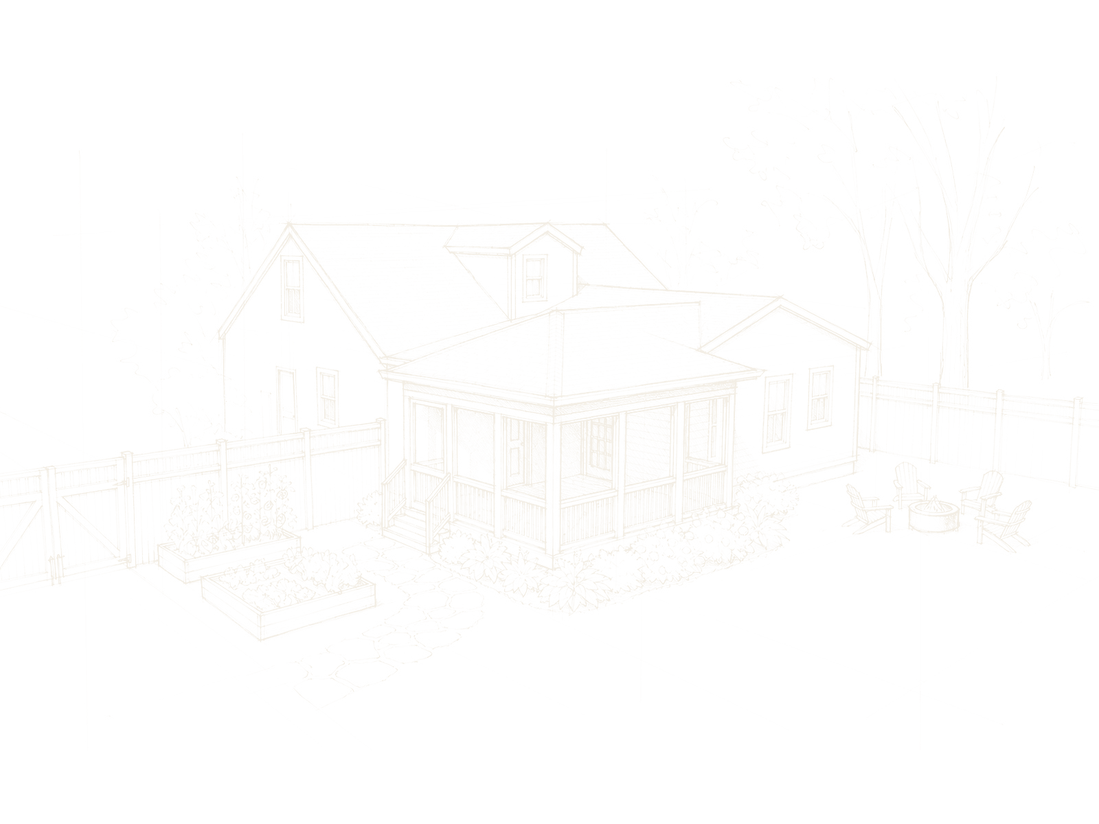 Working sketch of the rear of an existing house, drawn in light lines