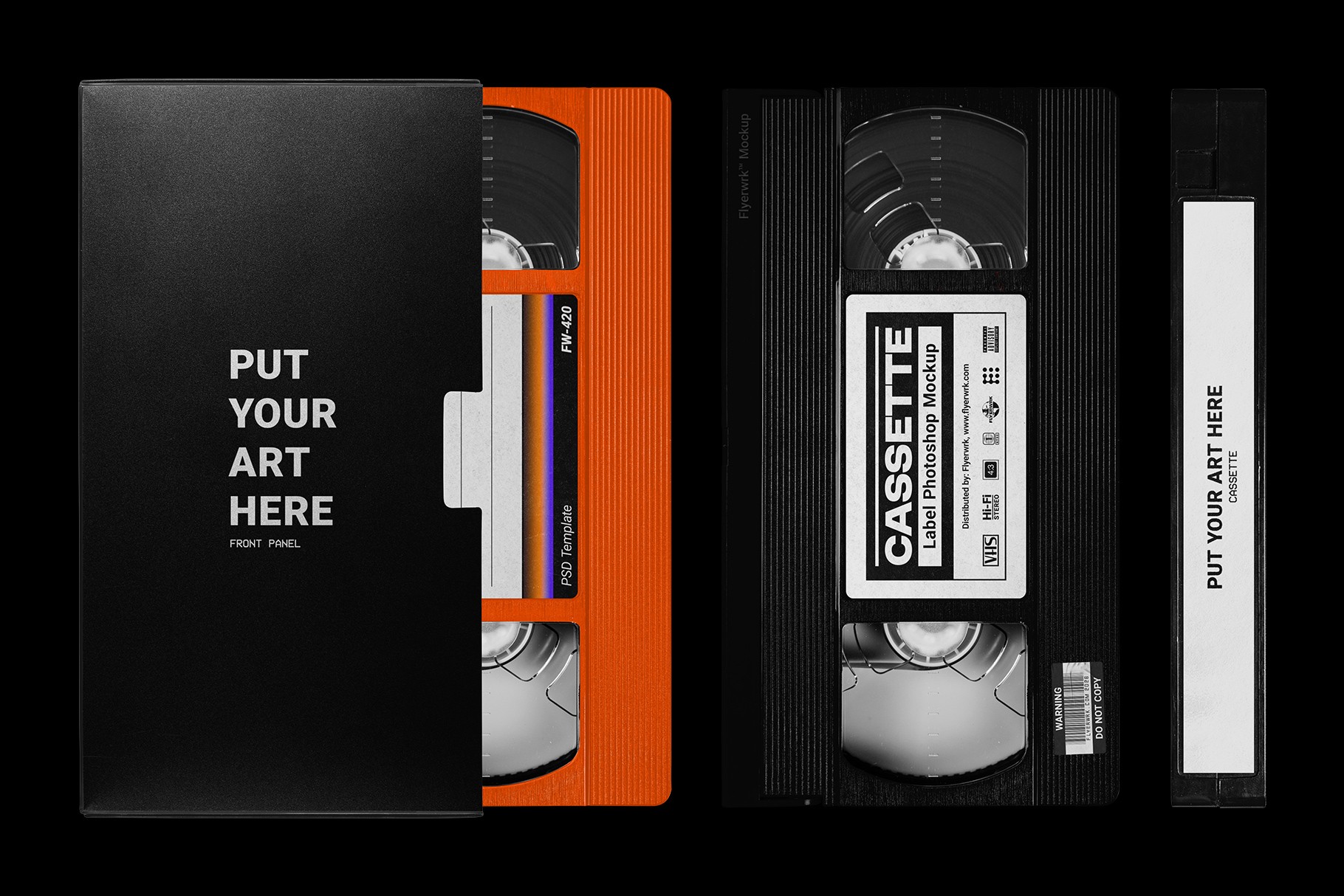 Retro VHS Cassette Mockup showing an orange tape shell variant alongside a classic black video cassette