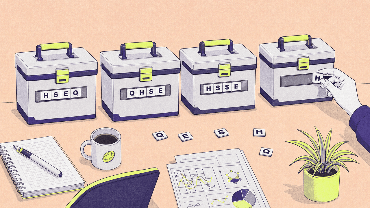 Illustration characters in front of toolboxes with HSEQ, HSE, QHSE and HSSE