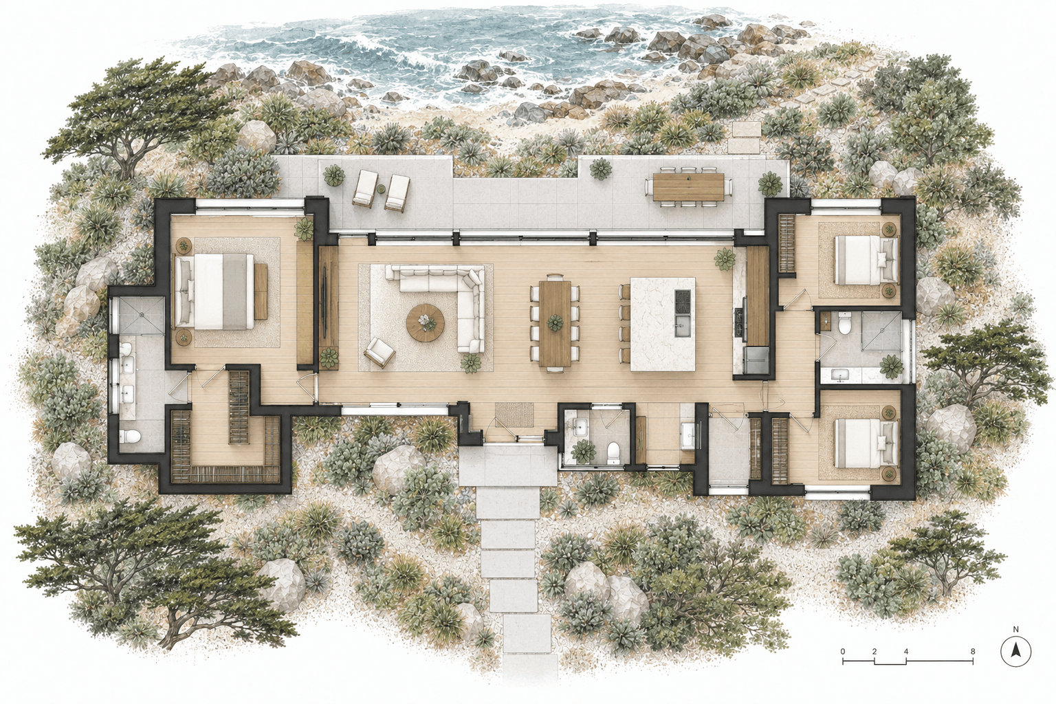 Illustrated coastal floor plan showing bedrooms, open living and dining spaces, outdoor terraces, native planting, rocks, and oceanfront context.