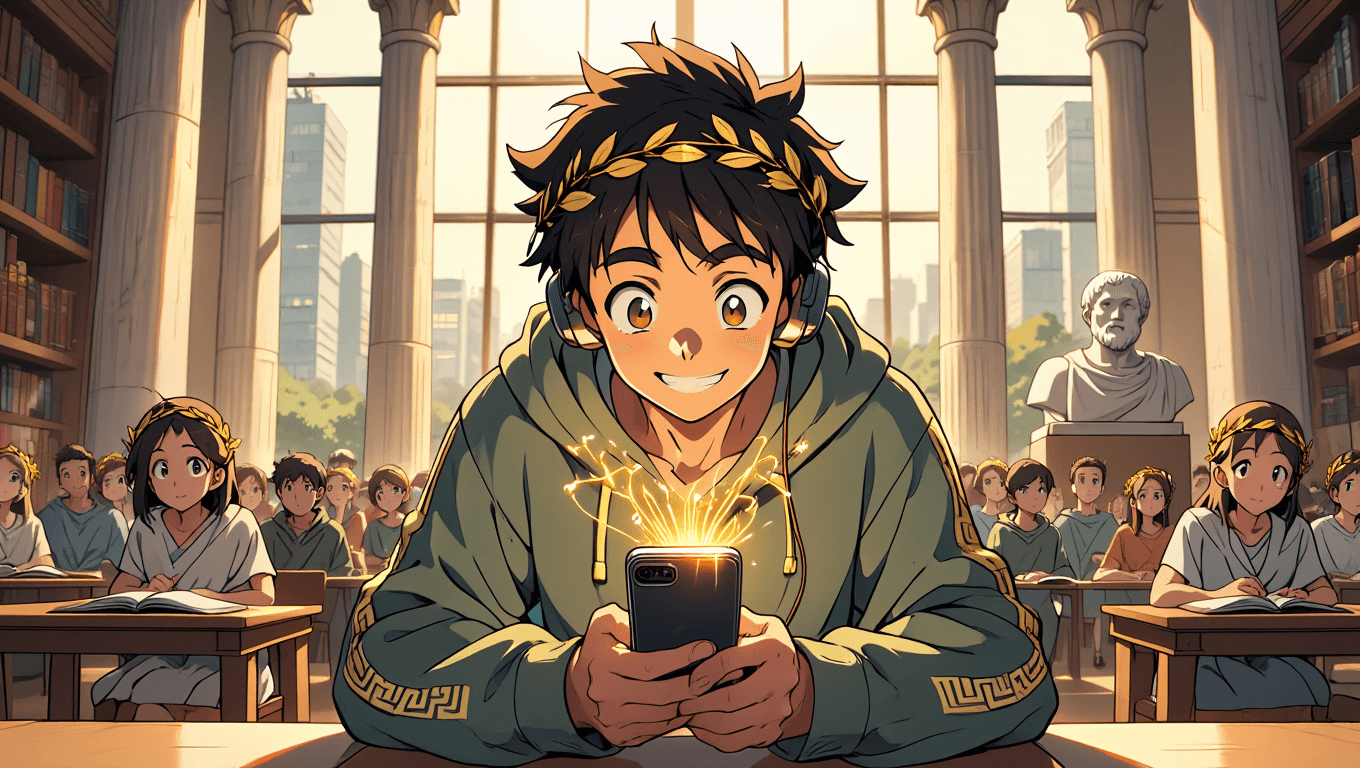A student in a grand library hall with Corinthian columns, smiling as a smartphone glows with golden sparks connecting to different countries, symbolizing global language learning connections