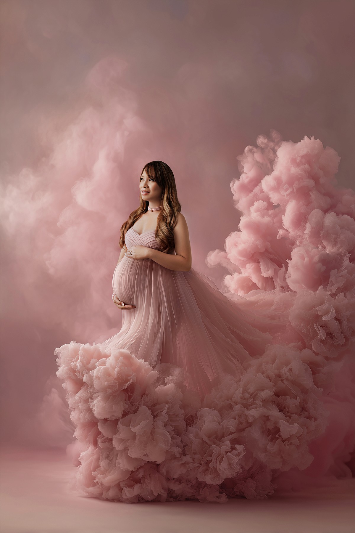 Pregnant woman styled with custom digital gown — luxury artistic maternity image.
