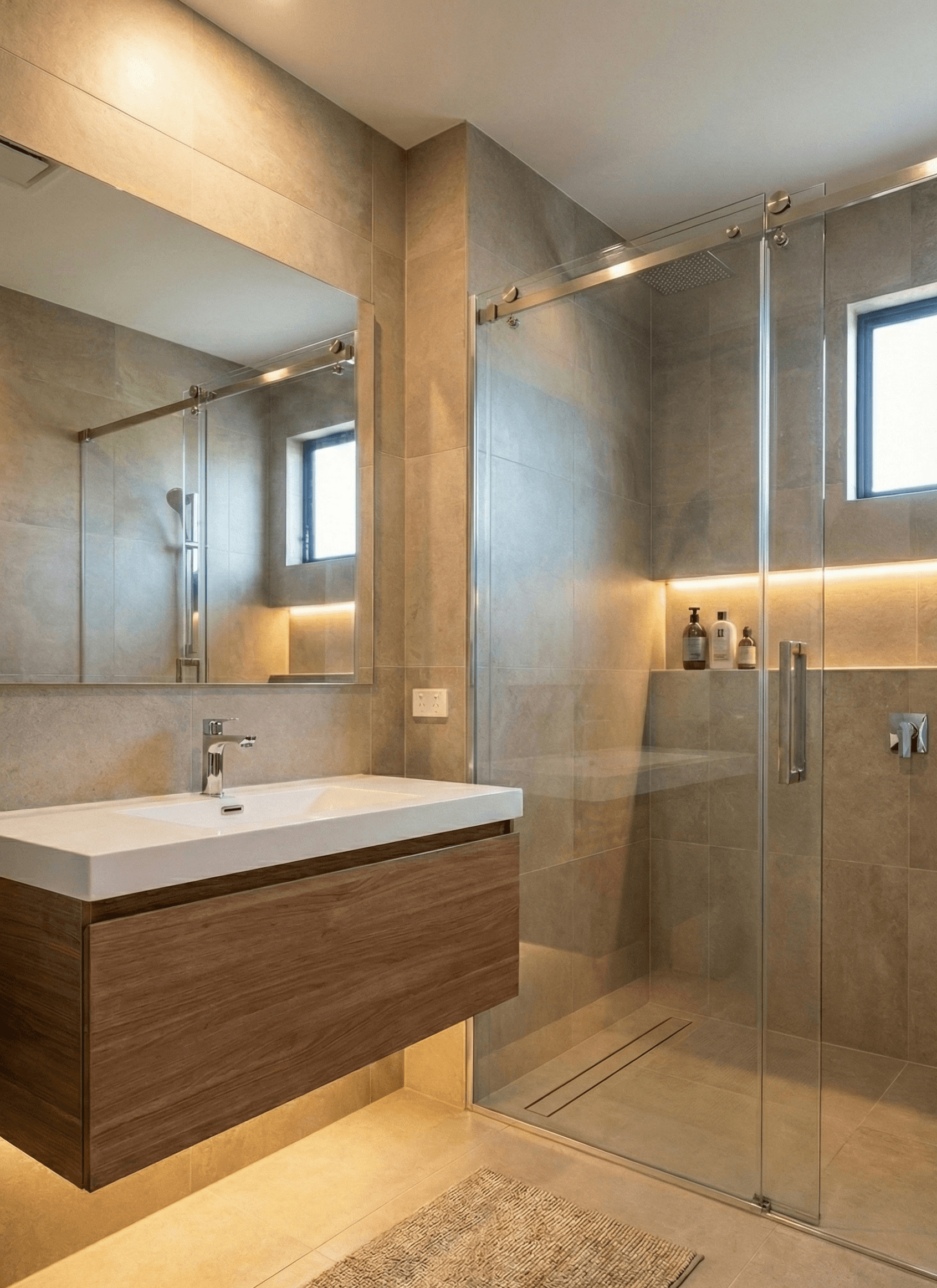 Modern bathroom remodel in Los Angeles by Renova Built. This custom design features high-end fixtures, precision tiling, and a luxury vanity setup. Our team ensures expert plumbing and electrical integration for a functional, spa-like bathroom renovation compliant with California building codes.