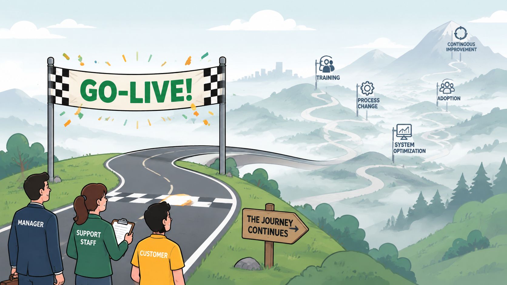 A team observing a finish line at a Go-Live event with a path leading toward future milestones.