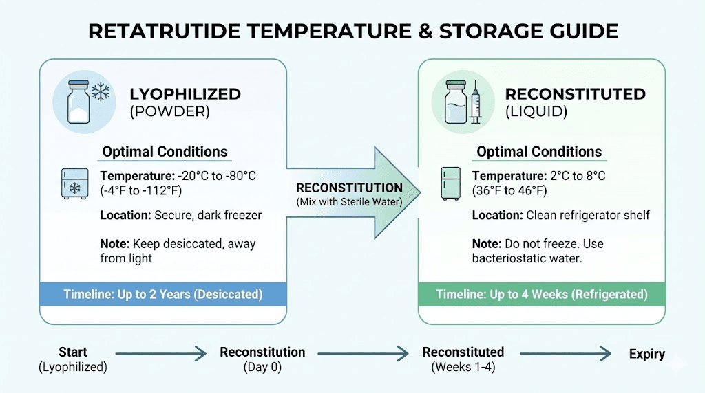 Retatrutide storage temperature guide for lyophilized and reconstituted peptide
