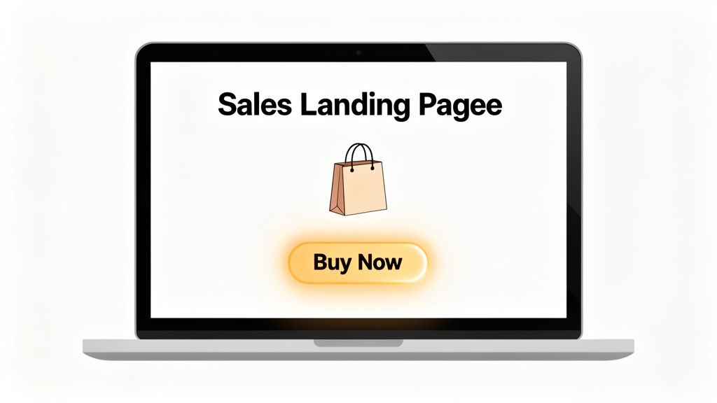 A laptop displays a sales landing page with a shopping bag icon and a glowing 'Buy Now' button.