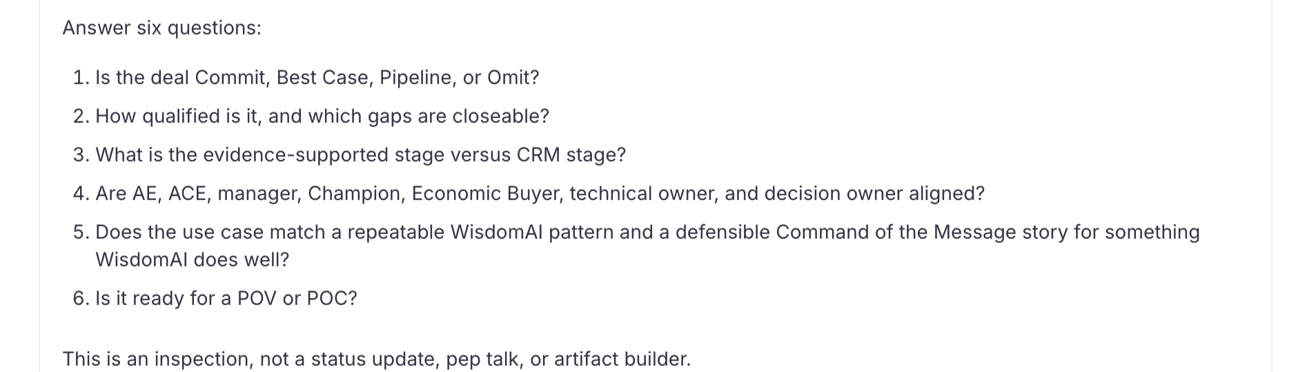 Meddpicc deal review - agentic skill example in WisdomAI