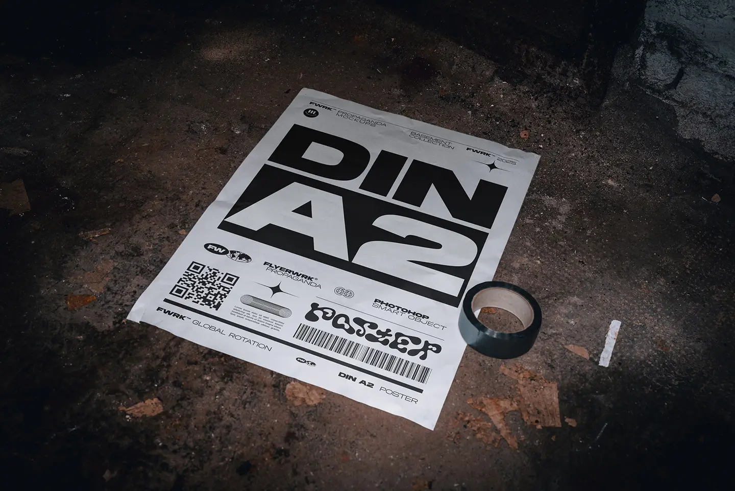 Basement A2 poster mockup lying loose on dusty basement floor with tape