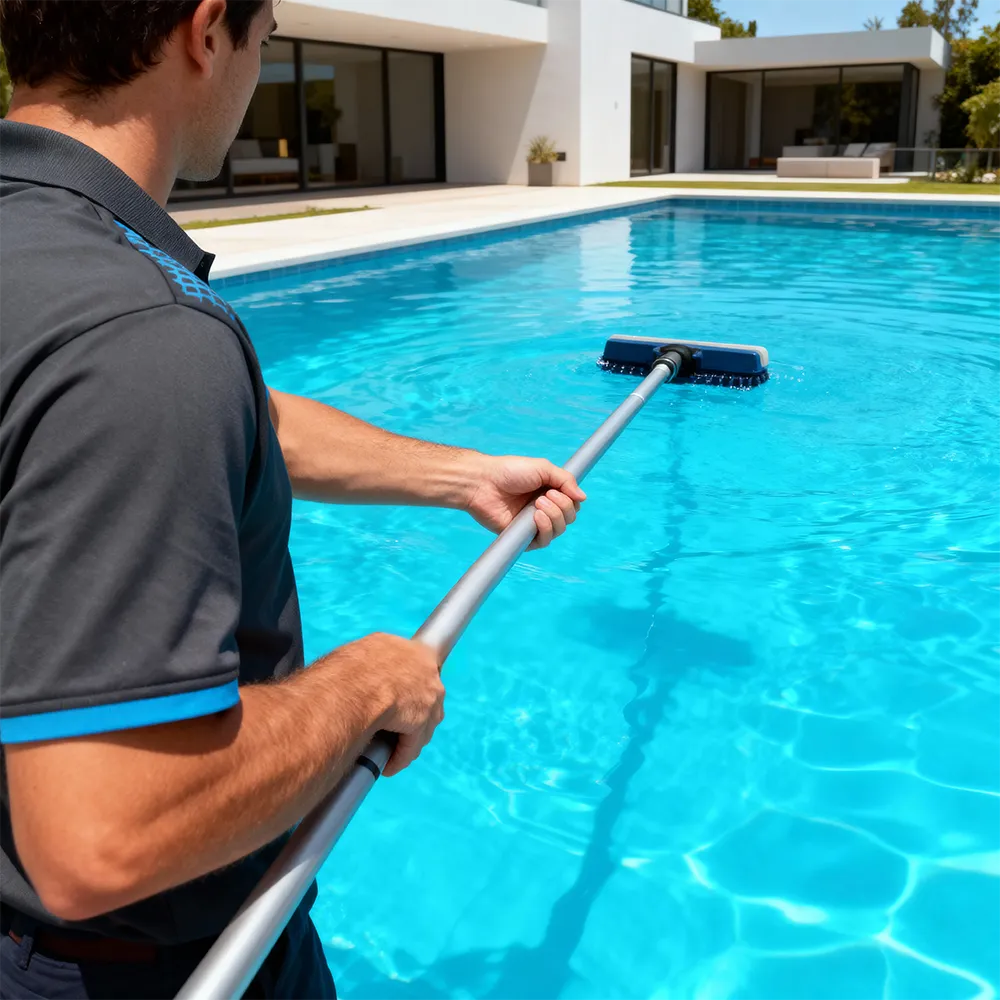 Pool technician brushing the surface of a clear blue residential pool.