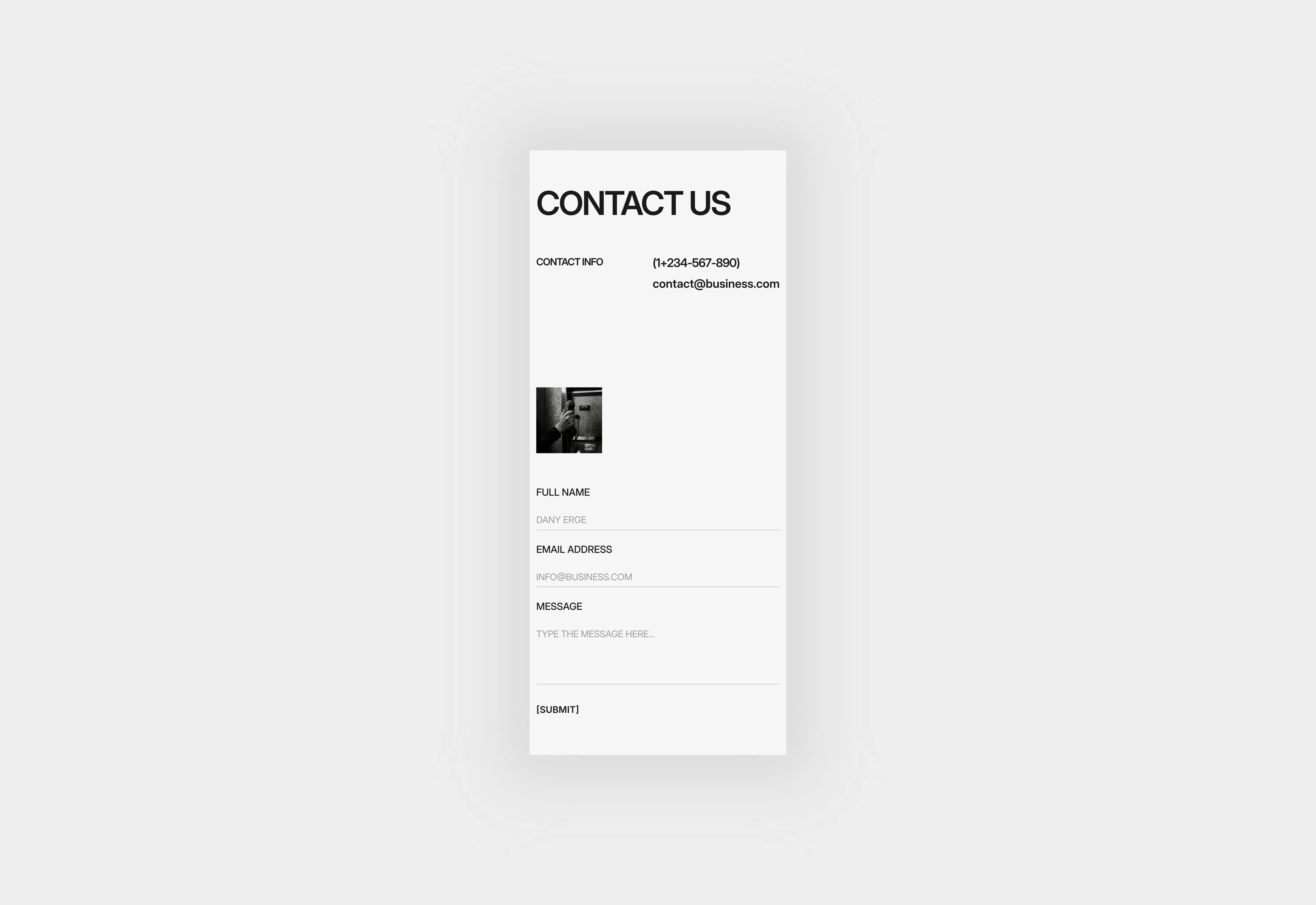 A light themed large text styled minimal aesthetic contact us page section. Optimized for mobile breakpoints.